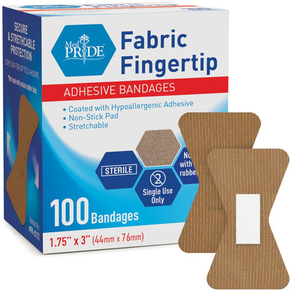 MED PRIDE Sterile Fingertip Fabric Bandages 1.75in X 3in Hypoallergenic Adhesive Latex-Free 100 Count