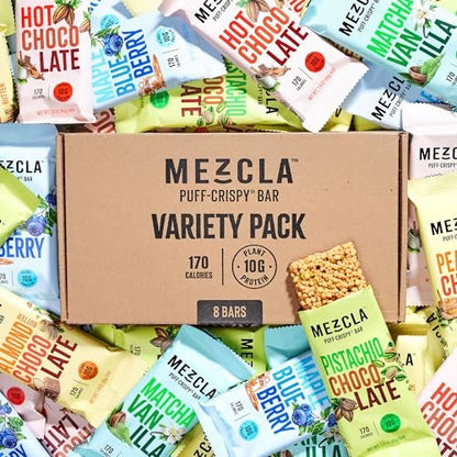 Mezcla Puff-Crispy Plant Based Protein Bars - Variety Pack - Healthy Snacks for Adults & Kids - Granola Bars for School, Travel, & Office Snacks - Gluten Free, Vegan, Non GMO, 10g Protein - 8 Count
