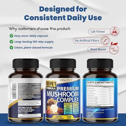 10 in 1 High Strength Mushroom Supplement - Lions Mane, Cordyceps, Reishi - Brain Supplements for Memory and Focus ** 5-Month Supply