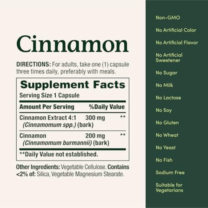 Nature's Bounty Cinnamon Capsules, Herbal Supplement, Supports Sugar Metabolism, 1500mg, 100 Capsules