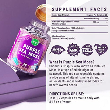 MAJU's Powerful Purple Sea Moss Capsules (60 ct), Extra-Strength Purple Minerals, Chondrus Crispus, Stronger Than Gel, Compare to Organic Irish Seamoss Capsule, Wild Harvested Powder Pills