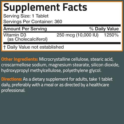 Bronson Vitamin D3 10,000 IU (250 MCG) for Healthy Muscle Function and Immune Support, Non-GMO, 180 Tablets