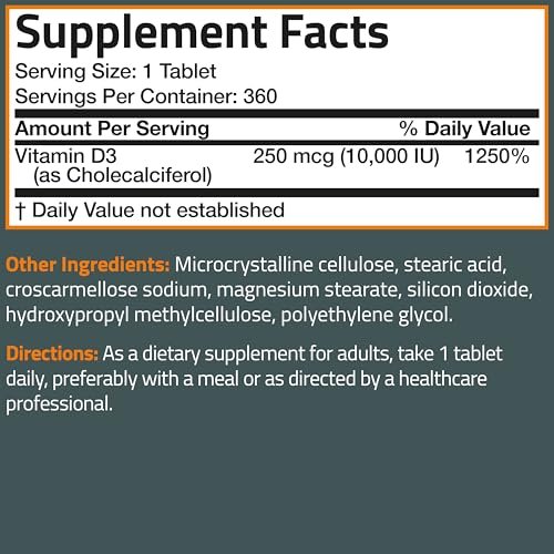 Bronson Vitamin D3 10,000 IU (250 mcg) Healthy Muscle Function and Immune Support, Non-GMO, 360 Tablets