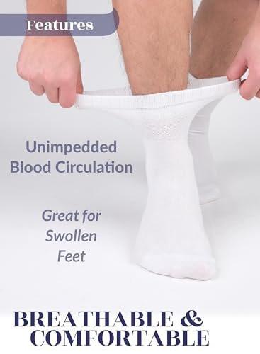 Hugh Ugoli Men's Cotton Diabetic Ankle Socks, Wide, Thin, Loose Fit and Stretchy, Seamless Toe & Non Binding Top, 4 Pairs, White, Shoe Size: 8-11
