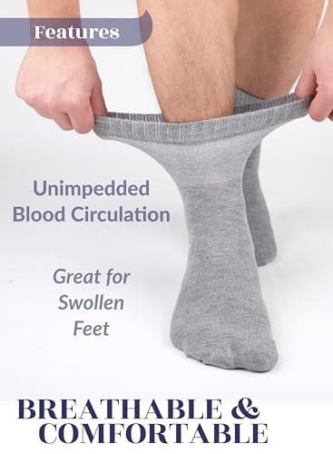 Hugh Ugoli Men's Cotton Diabetic Ankle Socks, Wide, Thin, Loose Fit and Stretchy, Seamless Toe & Non Binding Top, 4 Pairs, Light Grey, Shoe Size: 8-11