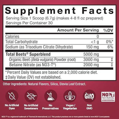 Force Factor Total Beets Delicious Superfood Powder with Nitrates to Support Healthy Blood Pressure, Circulation, Blood Flow, Nitric Oxide, Energy, Stamina & Cardiovascular Heart Health, 30 Servings