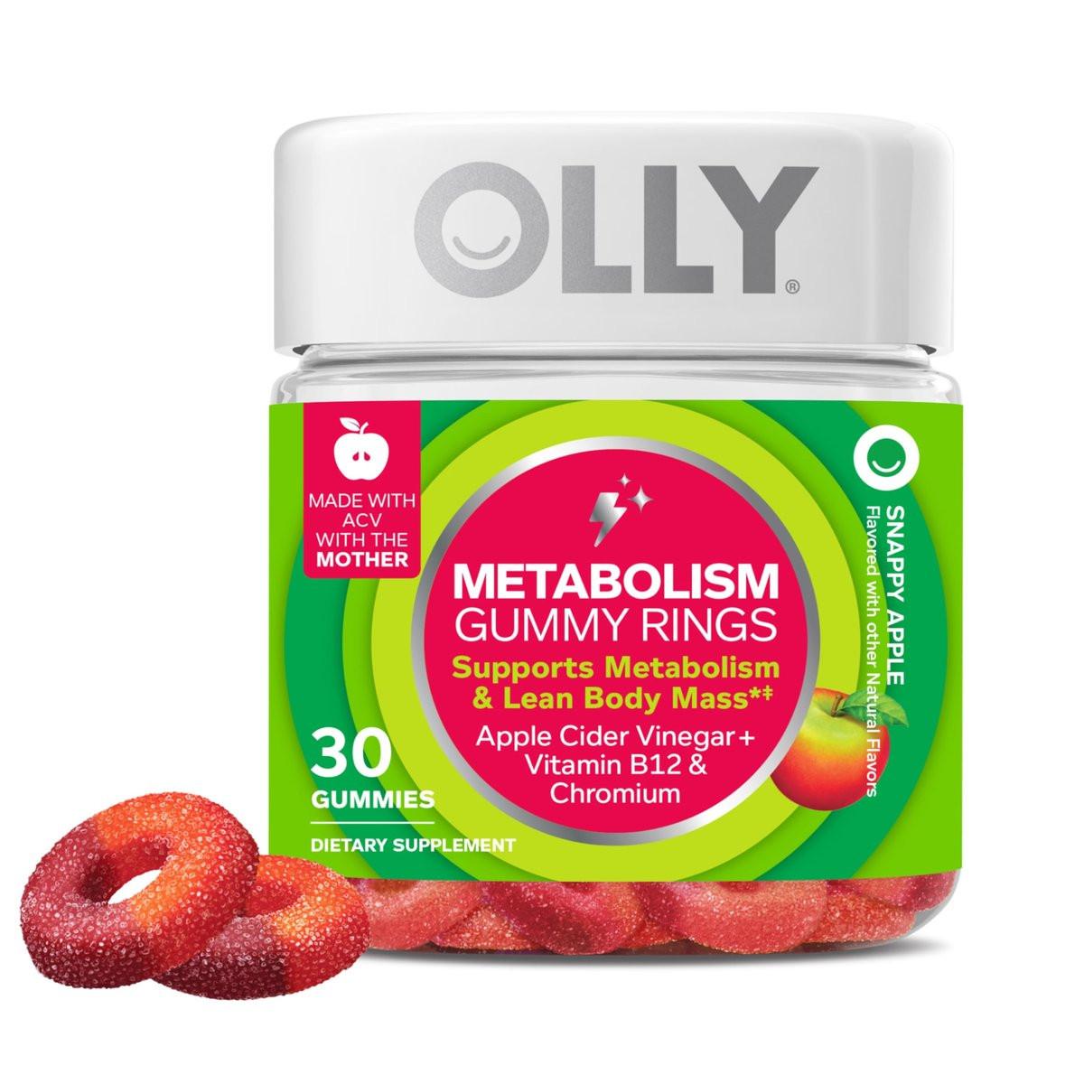 OLLY Metabolism Gummy Rings, Apple Cider Vinegar, Vitamin B12, Chromium, Energy and Digestive Health, Chewable Supplement, Apple Flavor - 30 Count - görsel 1