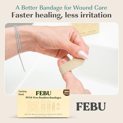 FEBU Eco-Friendly Bamboo Fabric Bandages | PFAS Free Bandages for Scrapes & Cuts | Flexible Fabric Bandage | Fully Compostable, Latex Free Bandage | 200 Count Bulk Variety