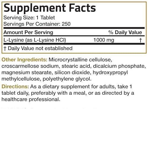 Bronson L-Lysine Extra Strength 1000 mg per Tablet High Potency, Immune Support & Supports Collagen Synthesis, Non-GMO, 250 Vegetarian Tablets - görsel 10