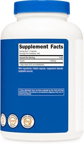 Nutricost Taurine 1000mg Capsules Supplement, 240 Capsules Per Bottle, Non-GMO & Gluten Free - görsel 9