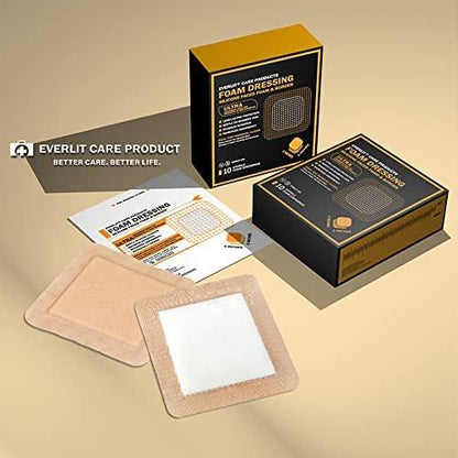EVERLIT Care Silicone Foam Dressing with Adhesive Border | Highly Absorbent Hypoallergenic Bandages for Chronic Wounds, Bed Sores, Pressure Ulcers | Gentle & Secure Adhesion (2" x 5" | 10 Pack)