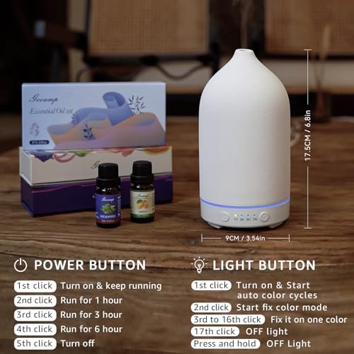 Gooamp 200ML Ceramic Essential Oil Diffuser - Ultrasonic Aromatherapy & Humidifier with 7-Color LED Lights, Auto Shut-Off, White, 1H/3H/6H Timer | Scent for Home, Office, Yoga - görsel 5