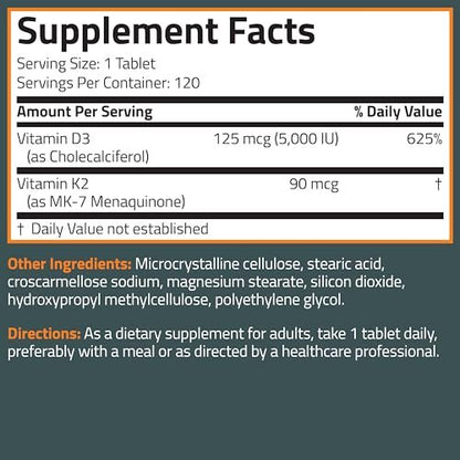 Bronson Vitamin K2 D3 (MK7) Supplement Non-GMO Formula Vitamin D3 5000IU (125 mcg) & 90 mcg K2 MK-7, Easy to Swallow D & K Complex, 120 Tablets