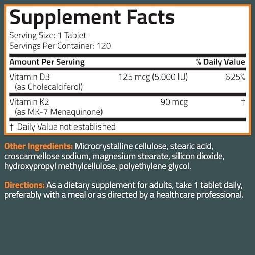 Bronson Vitamin K2 D3 (MK7) Supplement Non-GMO Formula Vitamin D3 5000IU (125 mcg) & 90 mcg K2 MK-7, Easy to Swallow D & K Complex, 200 Tablets - görsel 6