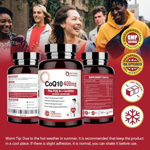NATURE TARGET CoQ10-400mg with PQQ, Omega-3s & L-Carnitine, High Absorption Coenzyme-Q10 with BioPerine, Supports Heart, Brain, Immune System, Energy Production, 120 Servings - görsel 3