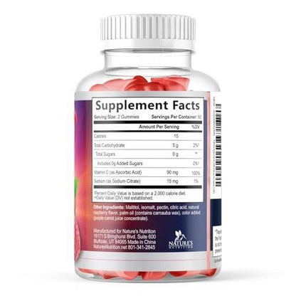 Zero Sugar Vitamin C Gummies - Immune Support & Antioxidant Vitamin C Dietary Supplement - Vegan, Non-GMO, Dairy & Gluten Free C Vitamin Gummy - Raspberry Flavor for Kids & Adults - 120 Count Gummies