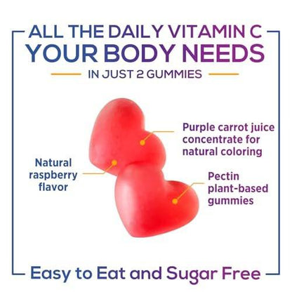 Zero Sugar Vitamin C Gummies - Immune Support & Antioxidant Vitamin C Dietary Supplement - Vegan, Non-GMO, Dairy & Gluten Free C Vitamin Gummy - Raspberry Flavor for Kids & Adults - 120 Count Gummies