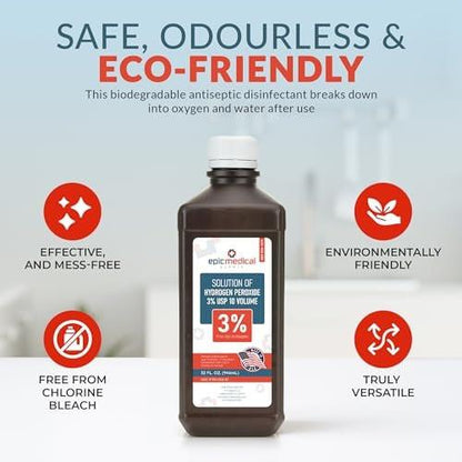Epic Medical Supply Hydrogen Peroxide 32 oz. First Aid Antiseptic and Multipurpose Cleaner, 3% USP, Topical Wash for Minor Cuts, Scrapes, Insect Bites, and Skin Irritations. (2-Pack)