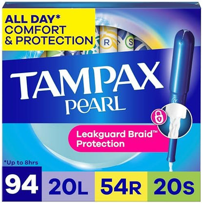 Tampax Pearl Tampons for Women Multipack, with LeakGuard Braid, Light/Regular/Super Absorbency, Unscented, 94 Count (2 Packs of 47)