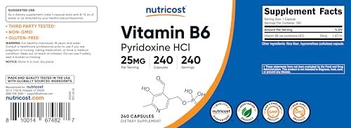 Nutricost Vitamin B6 (Pyridoxine HCl) 25mg, 240 Capsules - Non-GMO, Gluten Free and Vegetarian Friendly - görsel 1