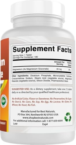 Best Naturals Magnesium Gluconate (35 mg Elemental Magnesium from 600mg of Magnesium Gluconate) 180 Tablets - görsel 1