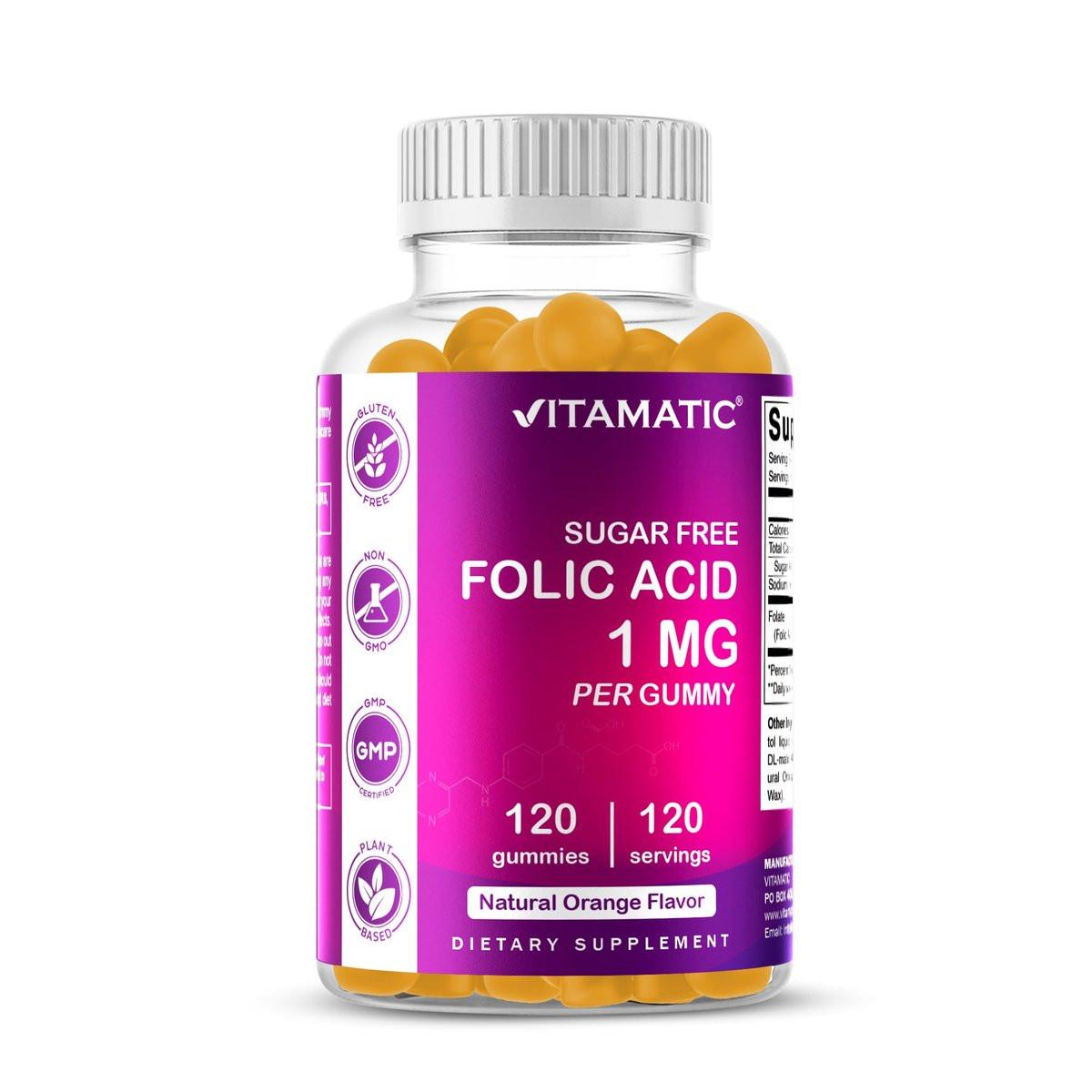 Vitamatic Folic Acid Gummies 1000 mcg (1 mg) – Vitamin B9 (1667 mcg DFE) – Sugar Free – Prenatal & Cellular Health Support – Natural Orange Flavor – Vegan, Non-GMO – 120 Gummies (120 Servings) - görsel 1