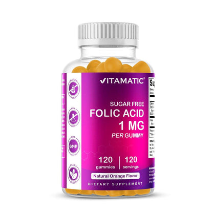 Vitamatic Folic Acid Gummies 1000 mcg (1 mg) – Vitamin B9 (1667 mcg DFE) – Sugar Free – Prenatal & Cellular Health Support – Natural Orange Flavor – Vegan, Non-GMO – 120 Gummies (120 Servings)
