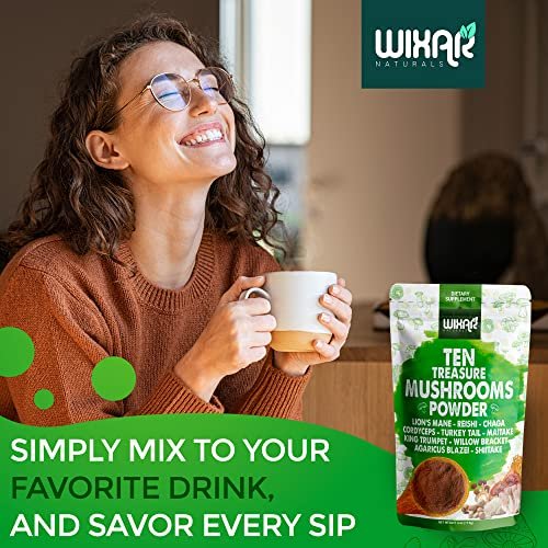 Wixar Mushroom Powder - Ten Treasure Mushrooms Extract Supplement Blend for Coffee & Smoothies - Lions Mane, Turkey Tail, Reishi, Chaga, Shiitake, Cordyceps, Complex - 4oz Mushroom Supplement - görsel 1
