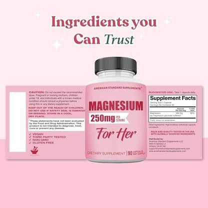 Magnesium Glycinate for Women 250mg Per One Capsule, Magnesium Glycinate Chelated for Her, 90 Capsules, 90 Days Supply