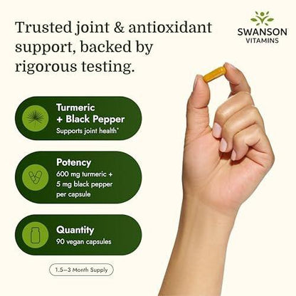 Swanson Premium Turmeric & Black Pepper Antioxidant Supplement for Active Adults Seeking Joint, Digestion, and Circulation Support - Non-GMO, Organic (90 Vegan Capsules)