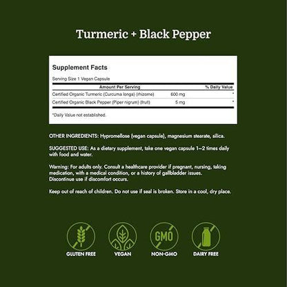 Swanson Premium Turmeric & Black Pepper Antioxidant Supplement for Active Adults Seeking Joint, Digestion, and Circulation Support - Non-GMO, Organic (90 Vegan Capsules)
