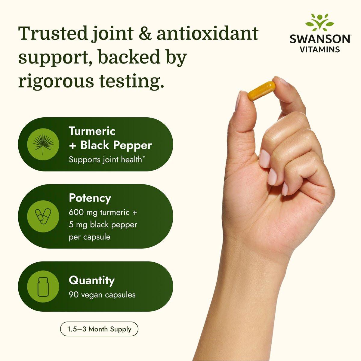 Swanson Premium Turmeric & Black Pepper Antioxidant Supplement for Active Adults Seeking Joint, Digestion, and Circulation Support - Non-GMO, Organic (90 Vegan Capsules) - görsel 5