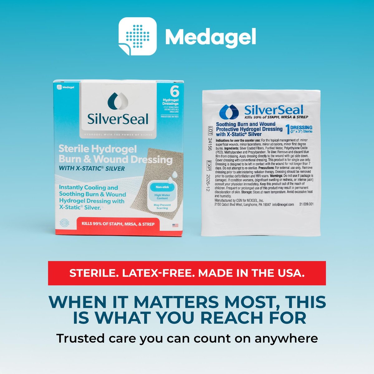 SilverSeal Burn & Wound Dressing - Moist Hydrogel Protection with X-Static Silver, Non Stick Dressings for Burns, Cuts & Wounds, Sterile Medical Grade Skin Care, 2"x3" Size, 6 Count - görsel 10