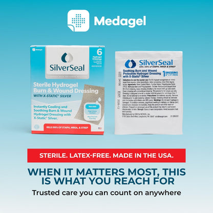 SilverSeal Burn & Wound Dressing - Moist Hydrogel Protection with X-Static Silver, Non Stick Dressings for Burns, Cuts & Wounds, Sterile Medical Grade Skin Care, 2"x3" Size, 6 Count