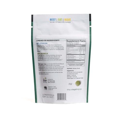 On Target Living Organic Spirulina Chlorella Travel Size | Super Greens | USDA Organic | 250 Tablets - 250 G (2.2 oz) | Vegan | Immune Support | Alkalyzing | Protein Dense - görsel 2