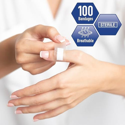 MED PRIDE Sheer Bandages Non Latex for Sensitive Skin, Sterile Plastic Strips with Nonstick Pad, Hypoallergenic Adhesive, 100 Pieces (1” x 3”)