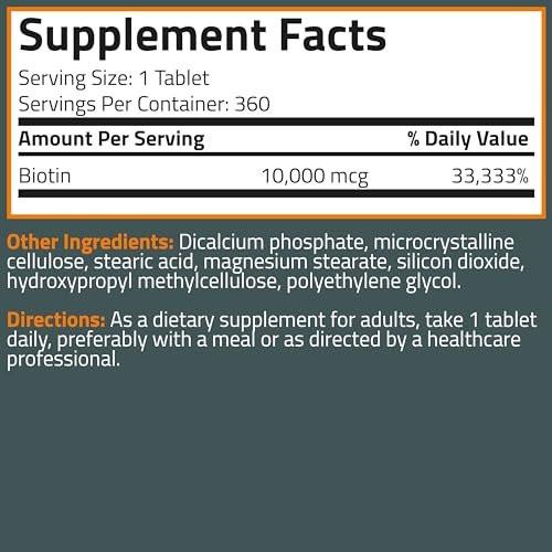Bronson Biotin 10,000mcg, Supports Healthy Hair, Skin and Nails, Vegetarian, Non-GMO, 360 Tablets - görsel 12