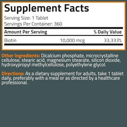 Bronson Biotin 10,000mcg, Supports Healthy Hair, Skin and Nails, Vegetarian, Non-GMO, 360 Tablets