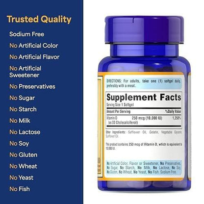 Puritan's Pride Premium Sunvite™ Mega-Potency Vitamin D3 10,000 IU, Dietary Supplement for Healthy Bones, Teeth, and Immune System Support, 100 Rapid Release Softgels