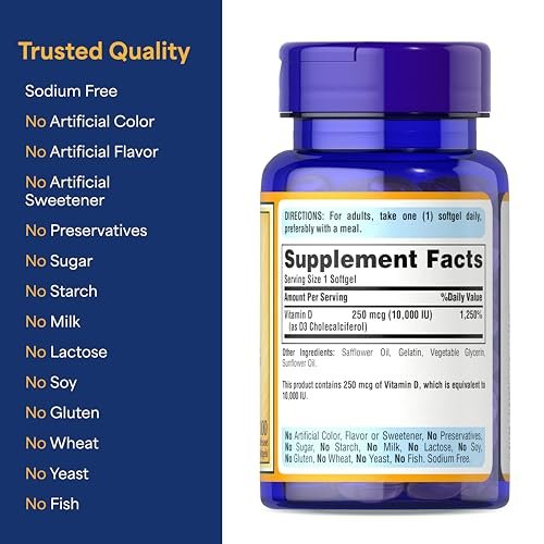 Puritan's Pride Premium Sunvite™ Mega-Potency Vitamin D3 10,000 IU, Dietary Supplement for Healthy Bones, Teeth, and Immune System Support, 100 Rapid Release Softgels - görsel 11