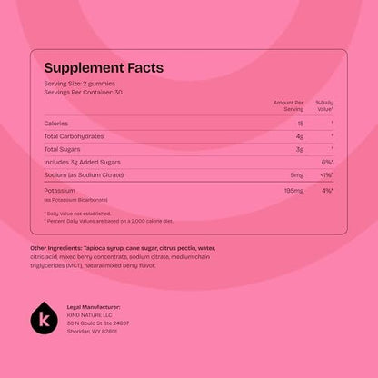 kindnature High Potassium Gummies 500mg for Leg Cramps & Electrolyte Support - Chewable Pure Potassium Bicarbonate Supplement - Adults & Kids - Vegan, Non GMO - 60 Gummies (30 Day Supply)
