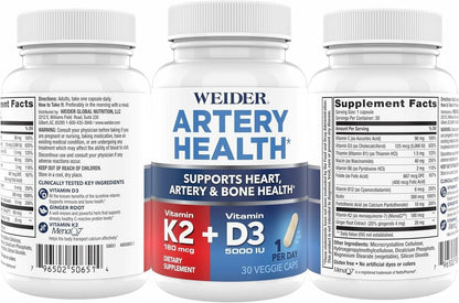 Weider Artery Health - Artery Flexibility & Heart Health - with Vitamin K2, D3 & Ginger - Bone & Immune Support* - Gluten Free & Vegan - 30 Veggie Capsules