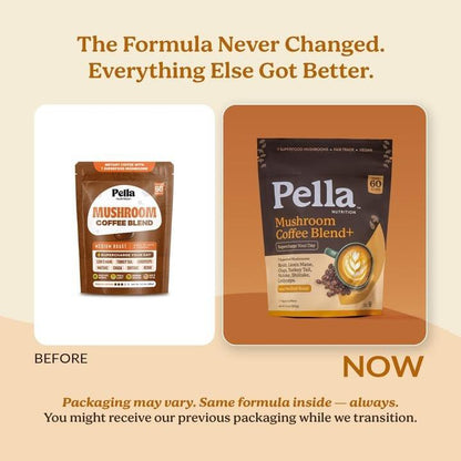 Pella Nutrition Mushroom Coffee – Lions Mane, Reishi, Chaga, Cordyceps, Shiitake, Maitake, and Turkey Tail Mushroom Supplement – Superfood Instant Coffee for Focus & Energy (Regular Caffeine, 60 Cups)
