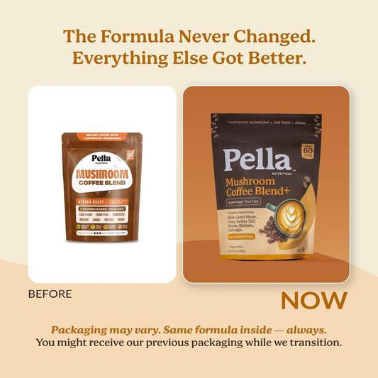Pella Nutrition Mushroom Coffee – Lions Mane, Reishi, Chaga, Cordyceps, Shiitake, Maitake, and Turkey Tail Mushroom Supplement – Superfood Instant Coffee for Focus & Energy (Regular Caffeine, 60 Cups)