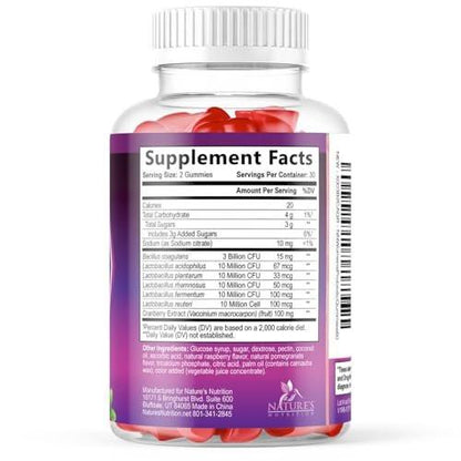 Nature's Nutrition Probiotics for Women Gummies with Cranberry - 6 Premium Strains for PH Balance, Digestive Health, Vaginal & Immune Support, Women's Probiotic Gummy for Feminine Health - 60 Gummies