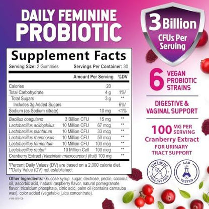 Nature's Nutrition Probiotics for Women Gummies with Cranberry - 6 Premium Strains for PH Balance, Digestive Health, Vaginal & Immune Support, Women's Probiotic Gummy for Feminine Health - 60 Gummies