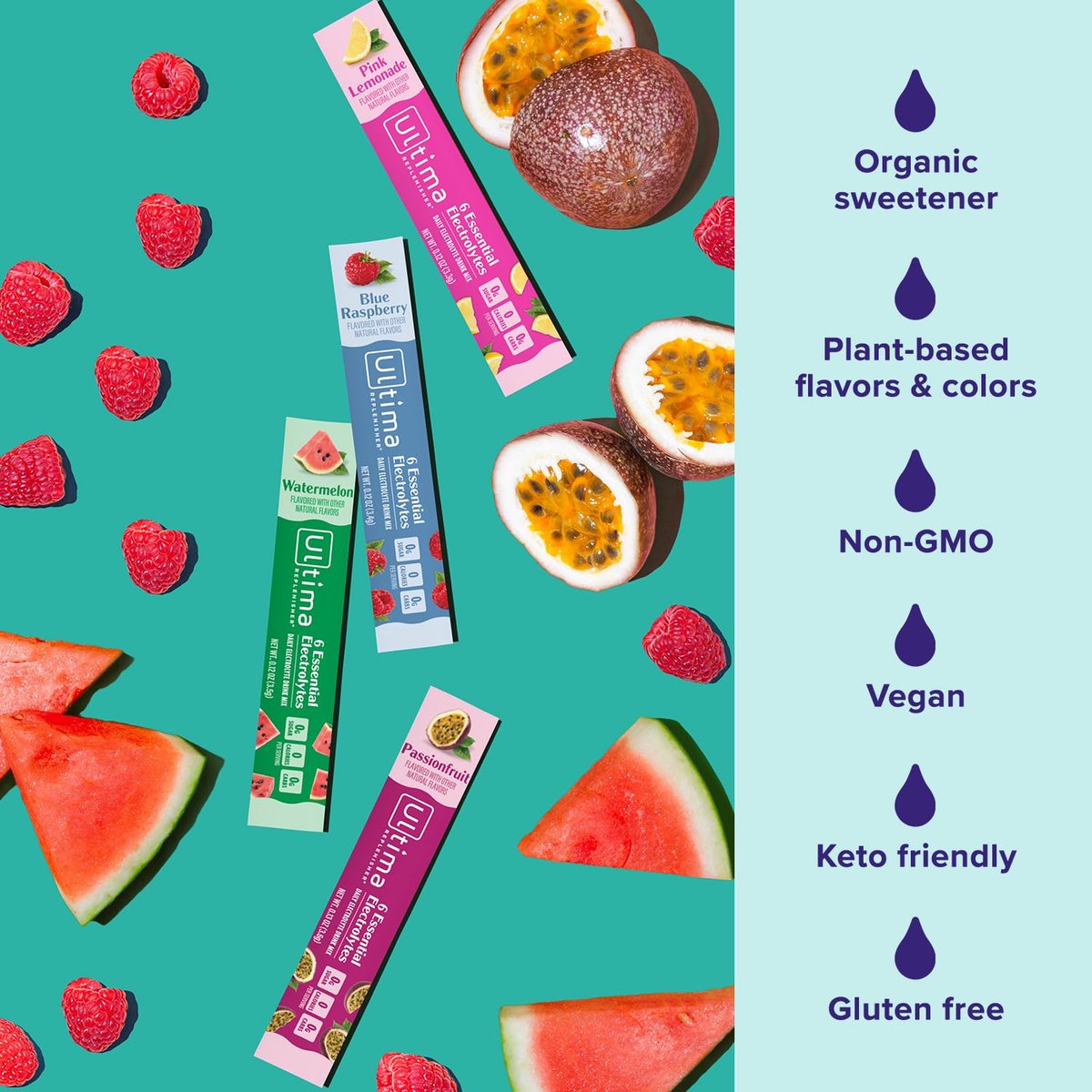 Ultima Replenisher Daily Electrolyte Powder – Tropical Variety Pack, 20 Stickpacks – Zero Sugar Hydration Packets with 6 Electrolytes and Minerals – Sugar Free, Plant Based & Keto Friendly Drink Mix - görsel 2