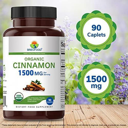 Brieofood Organic Cinnamon 1500mg, 45 Servings, Vegetarian, Gluten Free, 90 Vegetarian Tablets