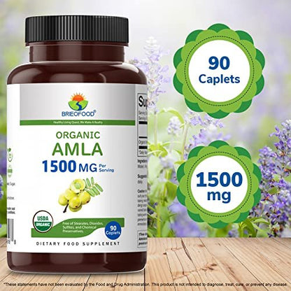 Brieofood Organic Amla 1500mg, 45 Servings, Vegetarian, Gluten Free, 90 Vegetarian Tablets