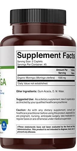 Brieofood Organic Moringa 1500mg, 45 Servings, Vegetarian, Gluten Free, 90 Vegetarian Tablets